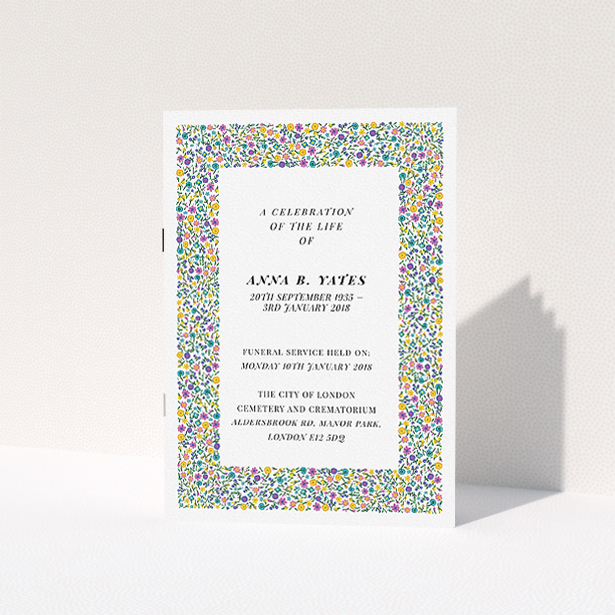 A funeral service program named "Pick up the flowers". It is an A5 booklet in a portrait orientation. "Pick up the flowers" is available as a folded booklet booklet, with mainly green colouring.