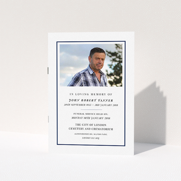 A funeral service program called "Simplicity". It is an A5 booklet in a portrait orientation. It is a photographic funeral service program with room for 1 photo. "Simplicity" is available as a folded booklet booklet, with mainly white colouring.