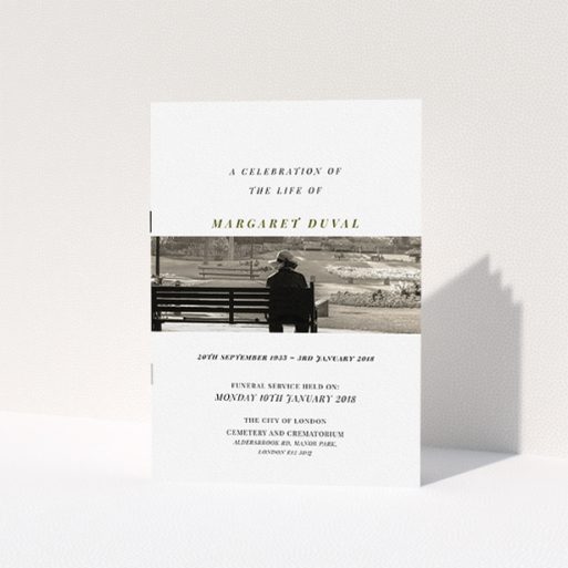 Funeral Service Program Design - "To the horizon" A funeral service program design titled "To the horizon". It is an A5 booklet in a portrait orientation. It is a photographic funeral service program with room for 1 photo. "To the horizon" is available as a folded booklet booklet, with tones of white and Dark gold.
