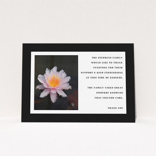 Funeral Thank You Card Design - "A Single Water Lily" A funeral thank you card design called "A Single Water Lily". It is an A6 card in a landscape orientation. "A Single Water Lily" is available as a flat card, with tones of black and white.
