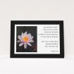 A funeral thank you card design called "A Single Water Lily". It is an A6 card in a landscape orientation. "A Single Water Lily" is available as a flat card, with tones of black and white.
