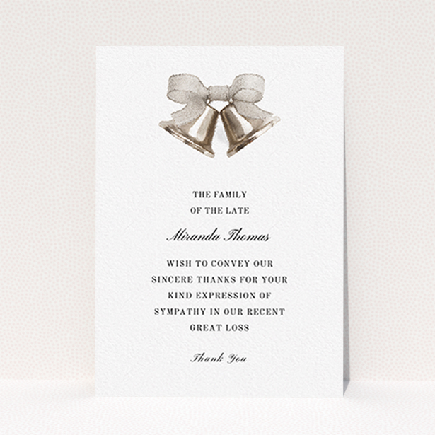 A funeral thank you card design titled "Bells of colour". It is an A6 card in a portrait orientation. "Bells of colour" is available as a flat card, with tones of grey and white.