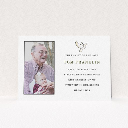 Funeral Thank You Card Design - "Bird of peace" A funeral thank you card design named "Bird of peace". It is an A6 card in a landscape orientation. It is a photographic funeral thank you card with room for 1 photo. "Bird of peace" is available as a flat card, with mainly white colouring.