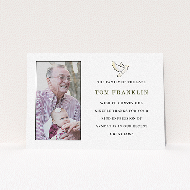 A funeral thank you card design named "Bird of peace". It is an A6 card in a landscape orientation. It is a photographic funeral thank you card with room for 1 photo. "Bird of peace" is available as a flat card, with mainly white colouring.