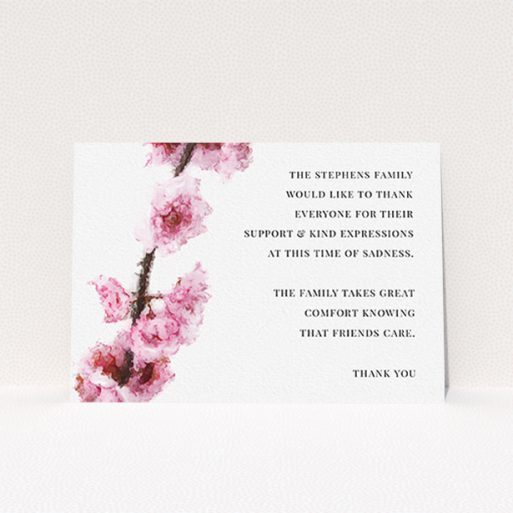 Funeral Thank You Card Design - "Blossom aslant" A funeral thank you card template titled "Blossom aslant". It is an A6 card in a landscape orientation. "Blossom aslant" is available as a flat card, with tones of pink and white.