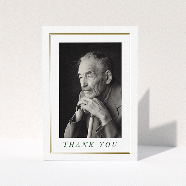 A funeral thank you card template titled "Classic remembrance". It is an A5 card in a portrait orientation. It is a photographic funeral thank you card with room for 1 photo. "Classic remembrance" is available as a folded card, with mainly gold colouring.