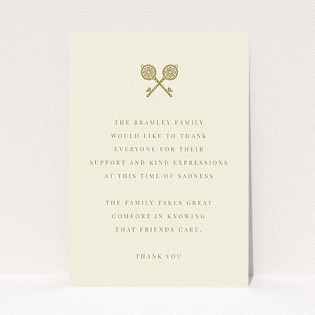 A funeral thank you card design called "Cross Keys". It is an A6 card in a portrait orientation. "Cross Keys" is available as a flat card, with tones of cream and gold.