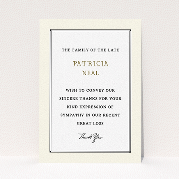 A funeral thank you card design titled "Deco cream". It is an A6 card in a portrait orientation. "Deco cream" is available as a flat card, with mainly cream colouring.