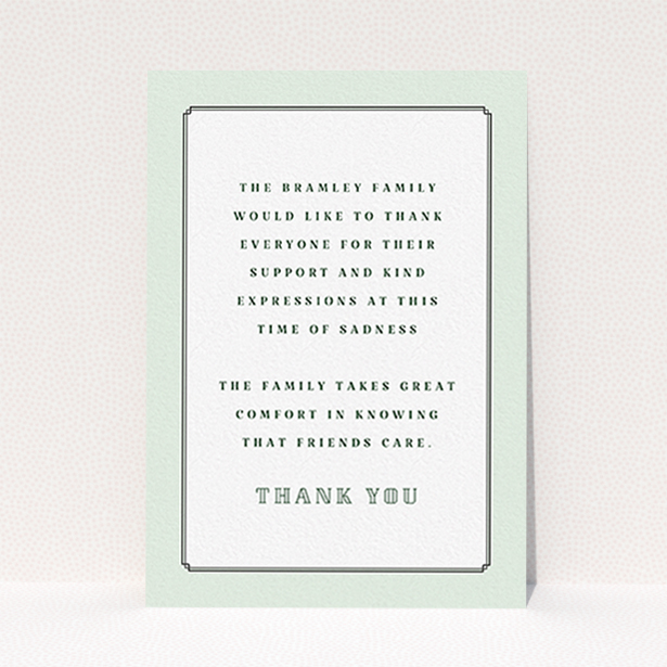 A funeral thank you card design named "Decrement". It is an A6 card in a portrait orientation. "Decrement" is available as a flat card, with tones of green and white.