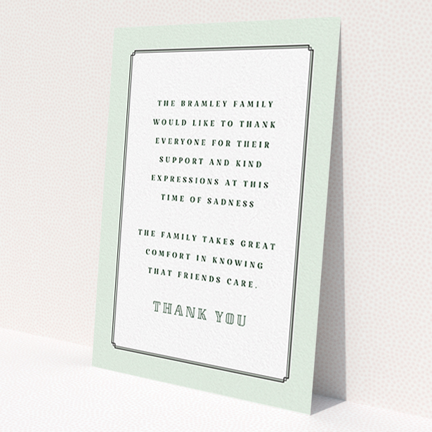 A funeral thank you card design named "Decrement". It is an A6 card in a portrait orientation. "Decrement" is available as a flat card, with tones of green and white.