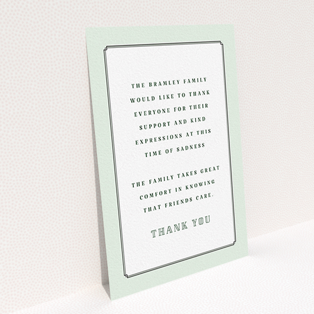 A funeral thank you card design named "Decrement". It is an A6 card in a portrait orientation. "Decrement" is available as a flat card, with tones of green and white.