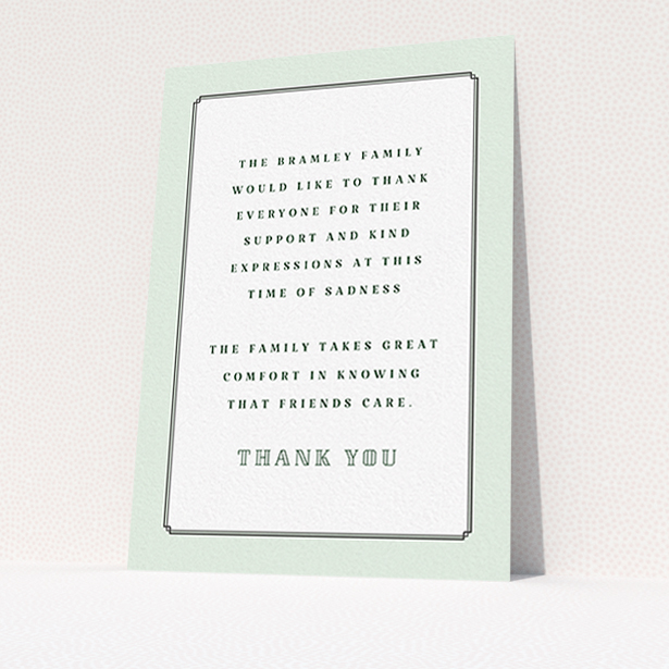 A funeral thank you card design named "Decrement". It is an A6 card in a portrait orientation. "Decrement" is available as a flat card, with tones of green and white.