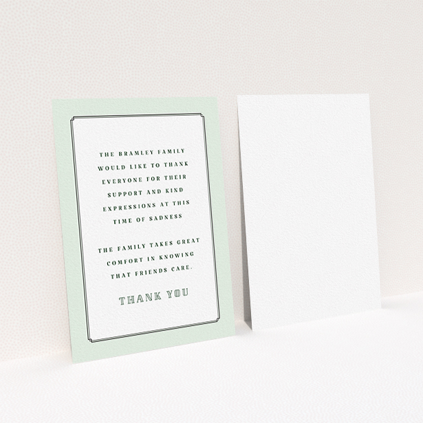 A funeral thank you card design named "Decrement". It is an A6 card in a portrait orientation. "Decrement" is available as a flat card, with tones of green and white.