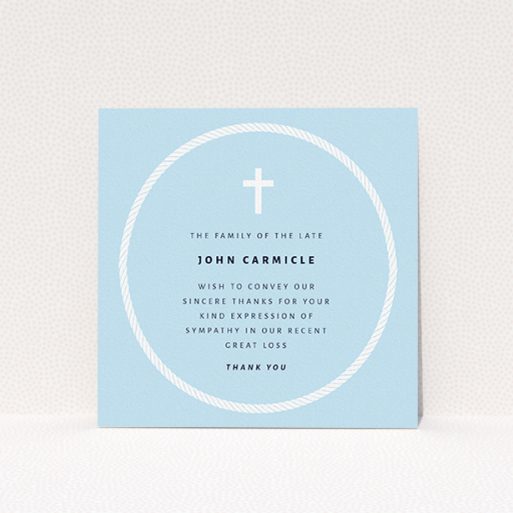 Funeral Thank You Card Design - "Full Circle" A funeral thank you card named "Full Circle". It is a square (148mm x 148mm) card in a square orientation. "Full Circle" is available as a flat card, with tones of blue and white.