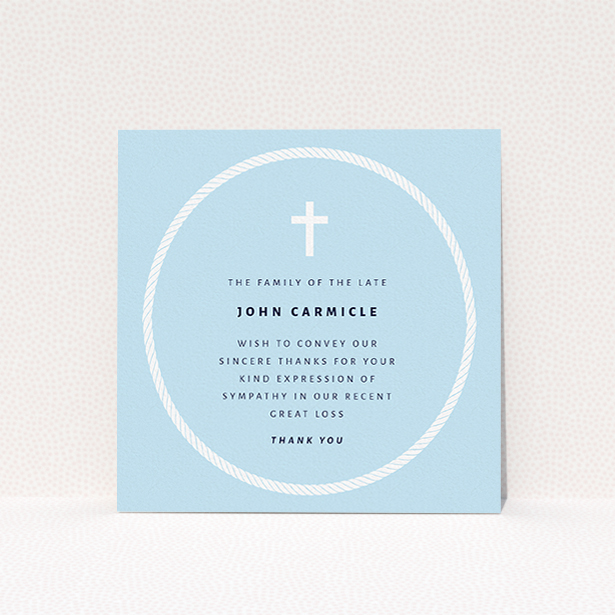 A funeral thank you card named "Full Circle". It is a square (148mm x 148mm) card in a square orientation. "Full Circle" is available as a flat card, with tones of blue and white.