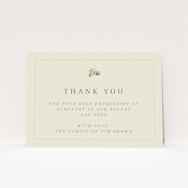 A funeral thank you card design named "Go is a mighty oak". It is an A6 card in a landscape orientation. "Go is a mighty oak" is available as a flat card, with mainly dark cream colouring.