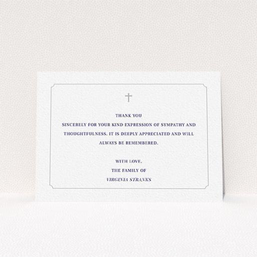 Funeral Thank You Card Design - "Great simplicity" A funeral thank you card called "Great simplicity". It is an A6 card in a landscape orientation. "Great simplicity" is available as a flat card, with mainly white colouring.