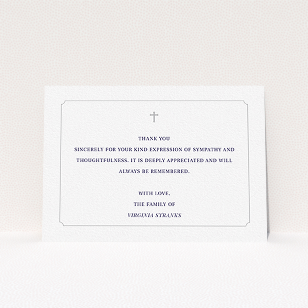 A funeral thank you card called "Great simplicity". It is an A6 card in a landscape orientation. "Great simplicity" is available as a flat card, with mainly white colouring.