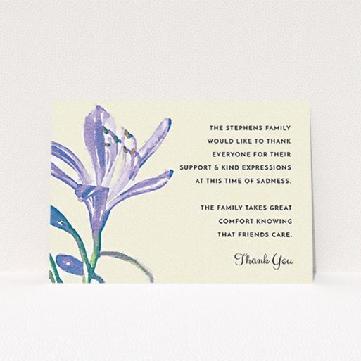 Funeral Thank You Card Design - "Impression of the Violet" A funeral thank you card design titled "Impression of the Violet". It is an A6 card in a landscape orientation. "Impression of the Violet" is available as a flat card, with tones of cream, purple and green.