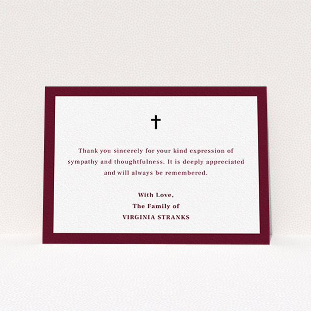 A funeral thank you card called "Marooning across". It is an A6 card in a landscape orientation. "Marooning across" is available as a flat card, with tones of burgundy and white.