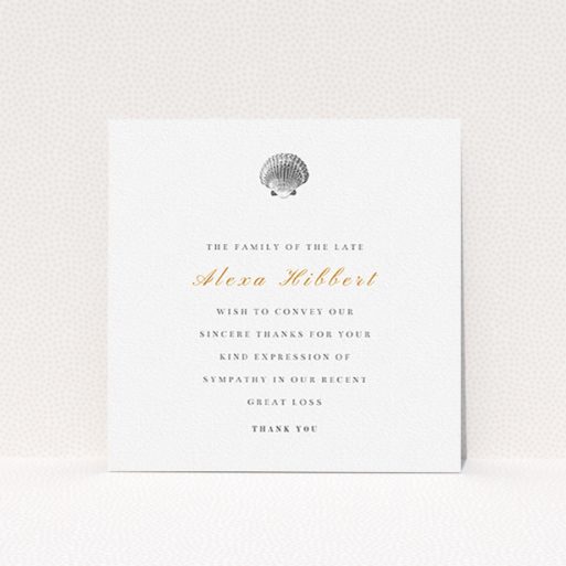 Funeral Thank You Card Design - "On the beach" A funeral thank you card called "On the beach". It is a square (148mm x 148mm) card in a square orientation. "On the beach" is available as a flat card, with tones of white and gold.