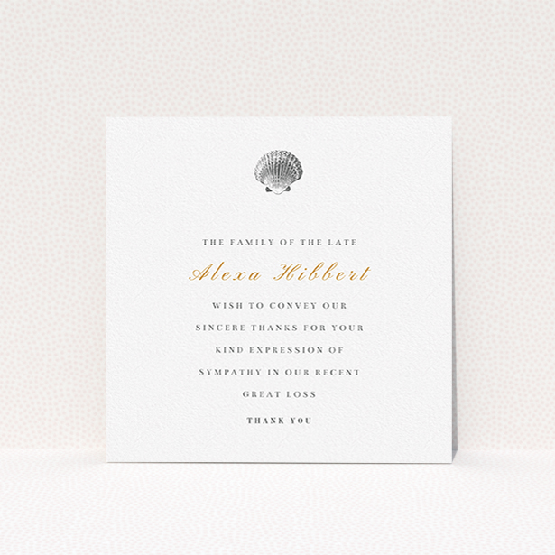 A funeral thank you card called "On the beach". It is a square (148mm x 148mm) card in a square orientation. "On the beach" is available as a flat card, with tones of white and gold.