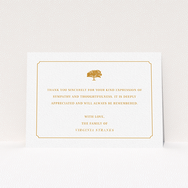 A funeral thank you card template titled "Orange oak". It is an A6 card in a landscape orientation. "Orange oak" is available as a flat card, with tones of white and orange.