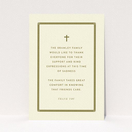 Funeral Thank You Card Design - "Order of lines" A funeral thank you card named "Order of lines". It is an A6 card in a portrait orientation. "Order of lines" is available as a flat card, with tones of cream and gold.