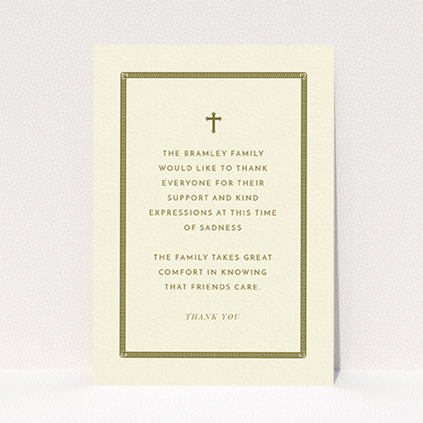 A funeral thank you card named "Order of lines". It is an A6 card in a portrait orientation. "Order of lines" is available as a flat card, with tones of cream and gold.