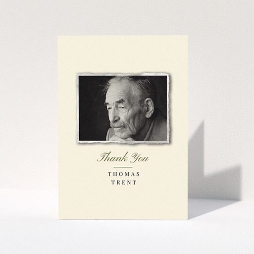 Funeral Thank You Card Design - "Out of the photo album" A funeral thank you card design named "Out of the photo album". It is an A5 card in a portrait orientation. It is a photographic funeral thank you card with room for 1 photo. "Out of the photo album" is available as a folded card, with tones of cream and gold.