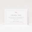 A funeral thank you card design named "Pink Olive Branch". It is an A6 card in a landscape orientation. "Pink Olive Branch" is available as a flat card, with tones of white and pink.