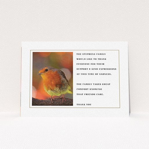 Funeral Thank You Card Design - "Remember Norton" A funeral thank you card design titled "Remember Norton". It is an A6 card in a landscape orientation. "Remember Norton" is available as a flat card, with tones of gold and red.