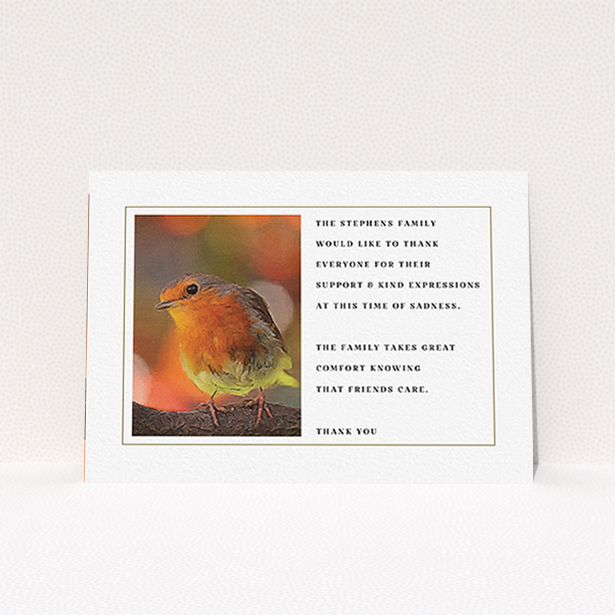 A funeral thank you card design titled "Remember Norton". It is an A6 card in a landscape orientation. "Remember Norton" is available as a flat card, with tones of gold and red.