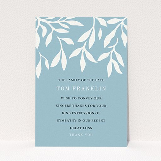 Funeral Thank You Card Design - "Remembering winter" A funeral thank you card called "Remembering winter". It is an A6 card in a portrait orientation. "Remembering winter" is available as a flat card, with tones of blue and white.