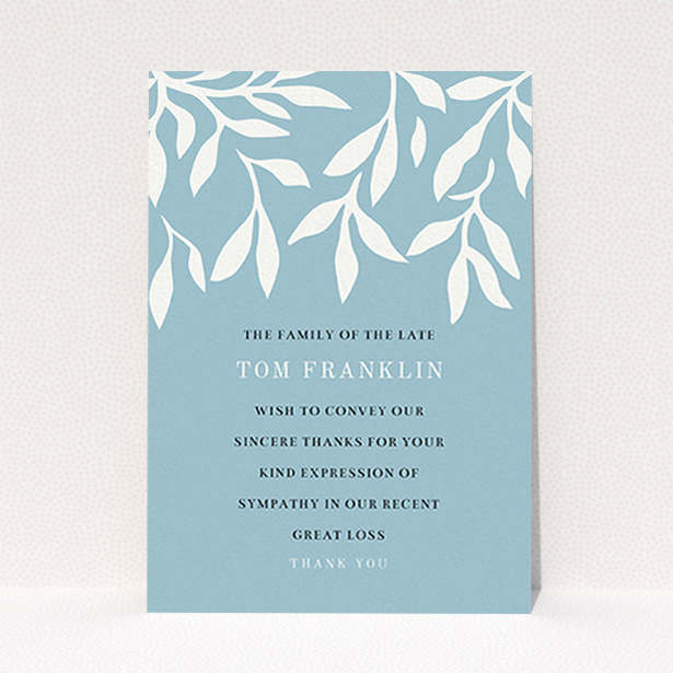 A funeral thank you card called "Remembering winter". It is an A6 card in a portrait orientation. "Remembering winter" is available as a flat card, with tones of blue and white.