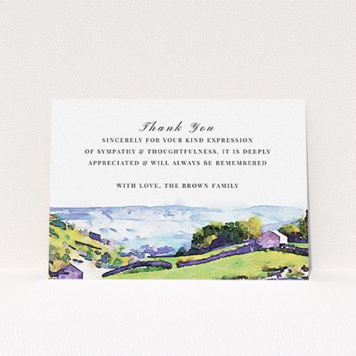 Funeral Thank You Card Design - "Rolling down the valley" A funeral thank you card design named "Rolling down the valley". It is an A6 card in a landscape orientation. "Rolling down the valley" is available as a flat card, with tones of white, blue and green.