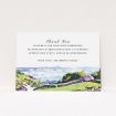 A funeral thank you card design named "Rolling down the valley". It is an A6 card in a landscape orientation. "Rolling down the valley" is available as a flat card, with tones of white, blue and green.