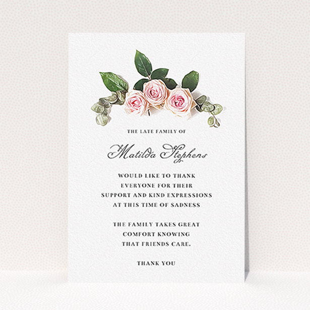 A funeral thank you card design called "Rose bouquet". It is an A6 card in a portrait orientation. "Rose bouquet" is available as a flat card, with tones of light pink and green.