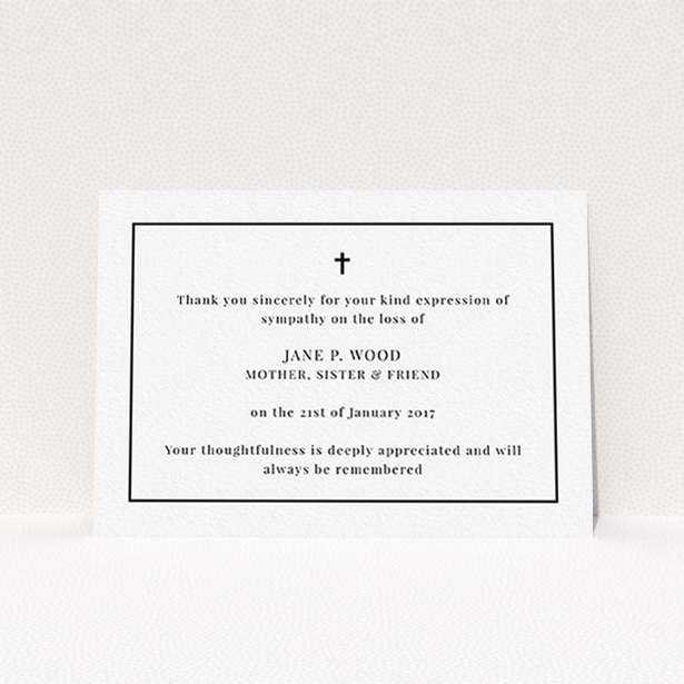 A funeral thank you card called "Simple respects". It is an A6 card in a landscape orientation. "Simple respects" is available as a flat card, with tones of white and black.