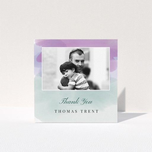 Funeral Thank You Card Design - "Sketch of watercolour" A funeral thank you card design titled "Sketch of watercolour". It is a square (148mm x 148mm) card in a square orientation. It is a photographic funeral thank you card with room for 1 photo. "Sketch of watercolour" is available as a folded card, with tones of green, purple and pale blue.