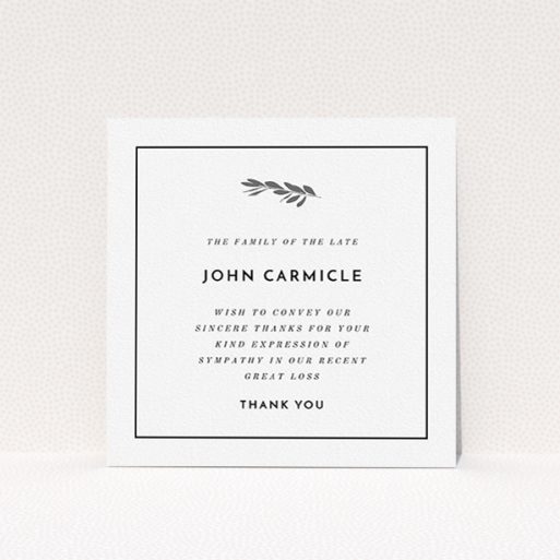 Funeral Thank You Card Design - "Stamp of the tree" A funeral thank you card template titled "Stamp of the tree". It is a square (148mm x 148mm) card in a square orientation. "Stamp of the tree" is available as a flat card, with tones of white and silver.