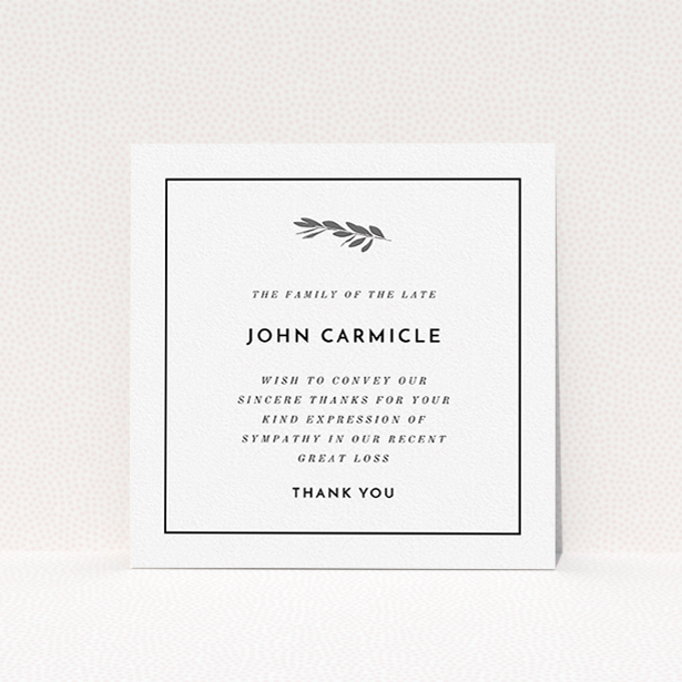 A funeral thank you card template titled "Stamp of the tree". It is a square (148mm x 148mm) card in a square orientation. "Stamp of the tree" is available as a flat card, with tones of white and silver.