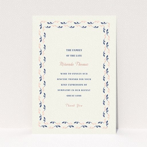 Funeral Thank You Card Design - "Swimming in the garden" A funeral thank you card called "Swimming in the garden". It is an A6 card in a portrait orientation. "Swimming in the garden" is available as a flat card, with tones of cream, pink and navy blue.