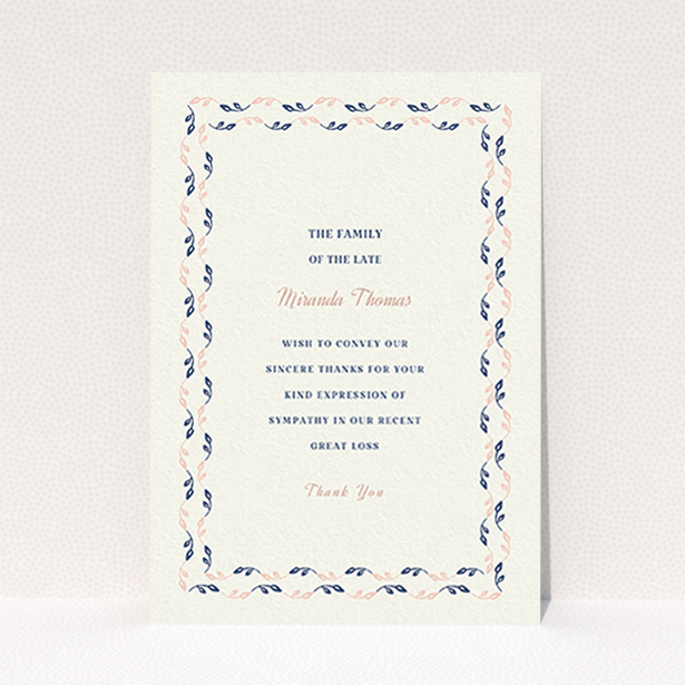 A funeral thank you card called "Swimming in the garden". It is an A6 card in a portrait orientation. "Swimming in the garden" is available as a flat card, with tones of cream, pink and navy blue.