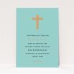 A funeral thank you card design titled "The celebration". It is an A6 card in a portrait orientation. "The celebration" is available as a flat card, with tones of teal and orange.