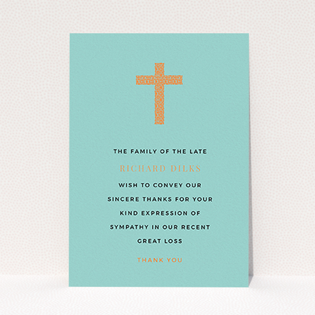 A funeral thank you card design titled "The celebration". It is an A6 card in a portrait orientation. "The celebration" is available as a flat card, with tones of teal and orange.
