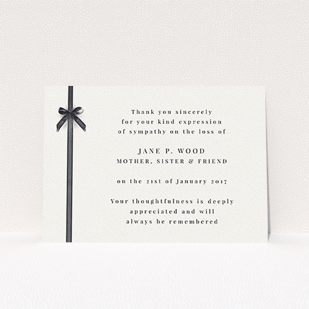 A funeral thank you card template titled "Tied gracefully". It is an A6 card in a landscape orientation. "Tied gracefully" is available as a flat card, with tones of pale cream and faded black.
