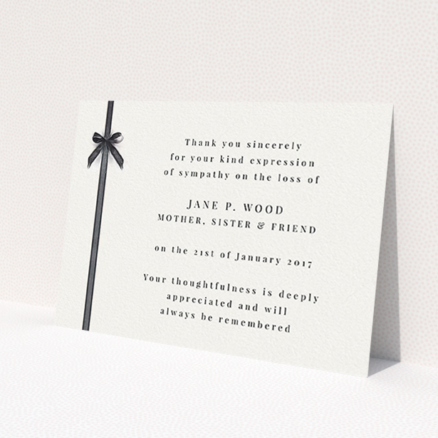 A funeral thank you card template titled "Tied gracefully". It is an A6 card in a landscape orientation. "Tied gracefully" is available as a flat card, with tones of pale cream and faded black.