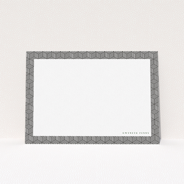 A ladies custom writing stationery template titled "All boxed up". It is an A5 card in a landscape orientation. "All boxed up" is available as a flat card, with tones of black and white.