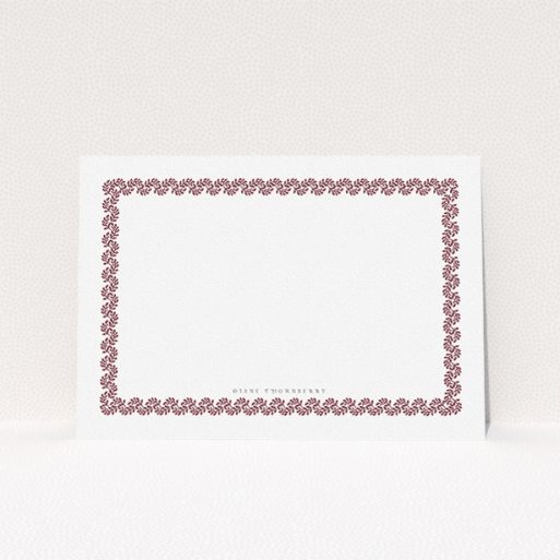 Custom Writing Stationery Design for Women - "Around the garden wall maroon" A ladies custom writing stationery design called "Around the garden wall maroon". It is an A5 card in a landscape orientation. "Around the garden wall maroon" is available as a flat card, with tones of burgundy and white.